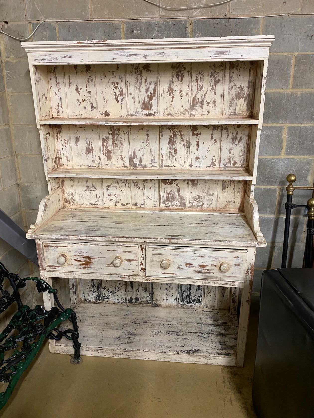 A Victorian painted pine potboard dresser, width 150cm, depth 54cm, height 210cm